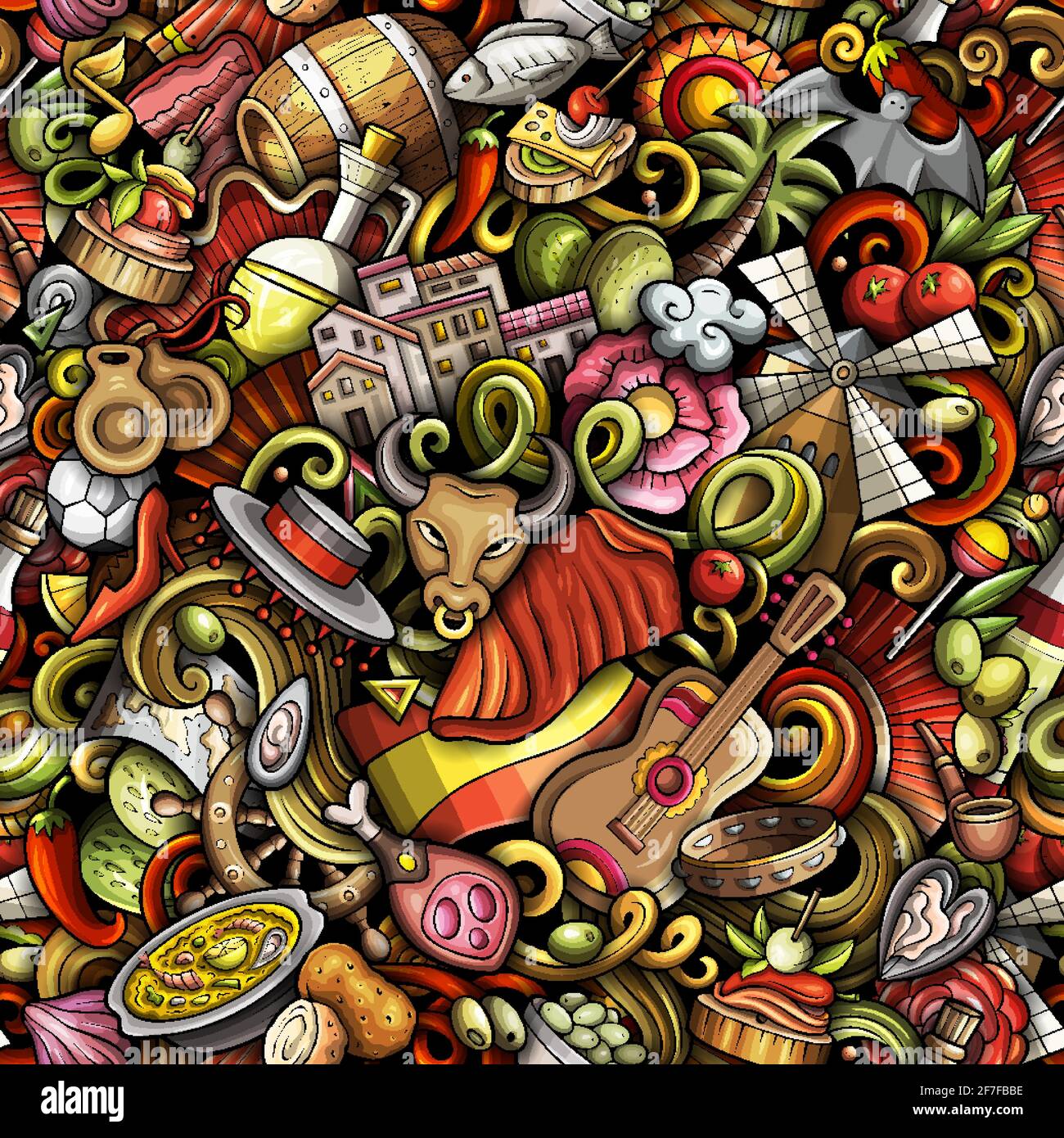 Cartoon doodles Spagna modello senza giunture. Sfondo con simboli e oggetti della cultura spagnola. Dettagli colorati, con molti oggetti di sfondo per la stampa Illustrazione Vettoriale