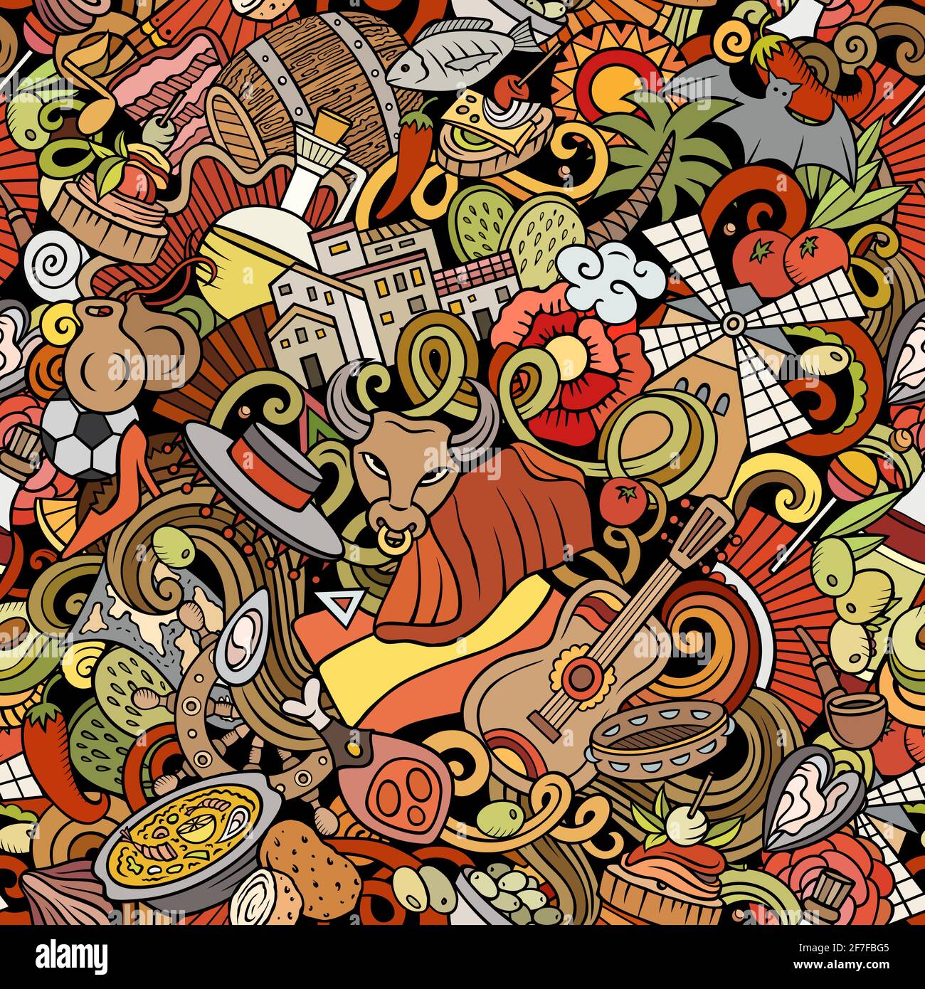 Cartoon doodles Spagna modello senza giunture. Sfondo con simboli e oggetti della cultura spagnola. Dettagli colorati, con molti oggetti di sfondo per la stampa Illustrazione Vettoriale