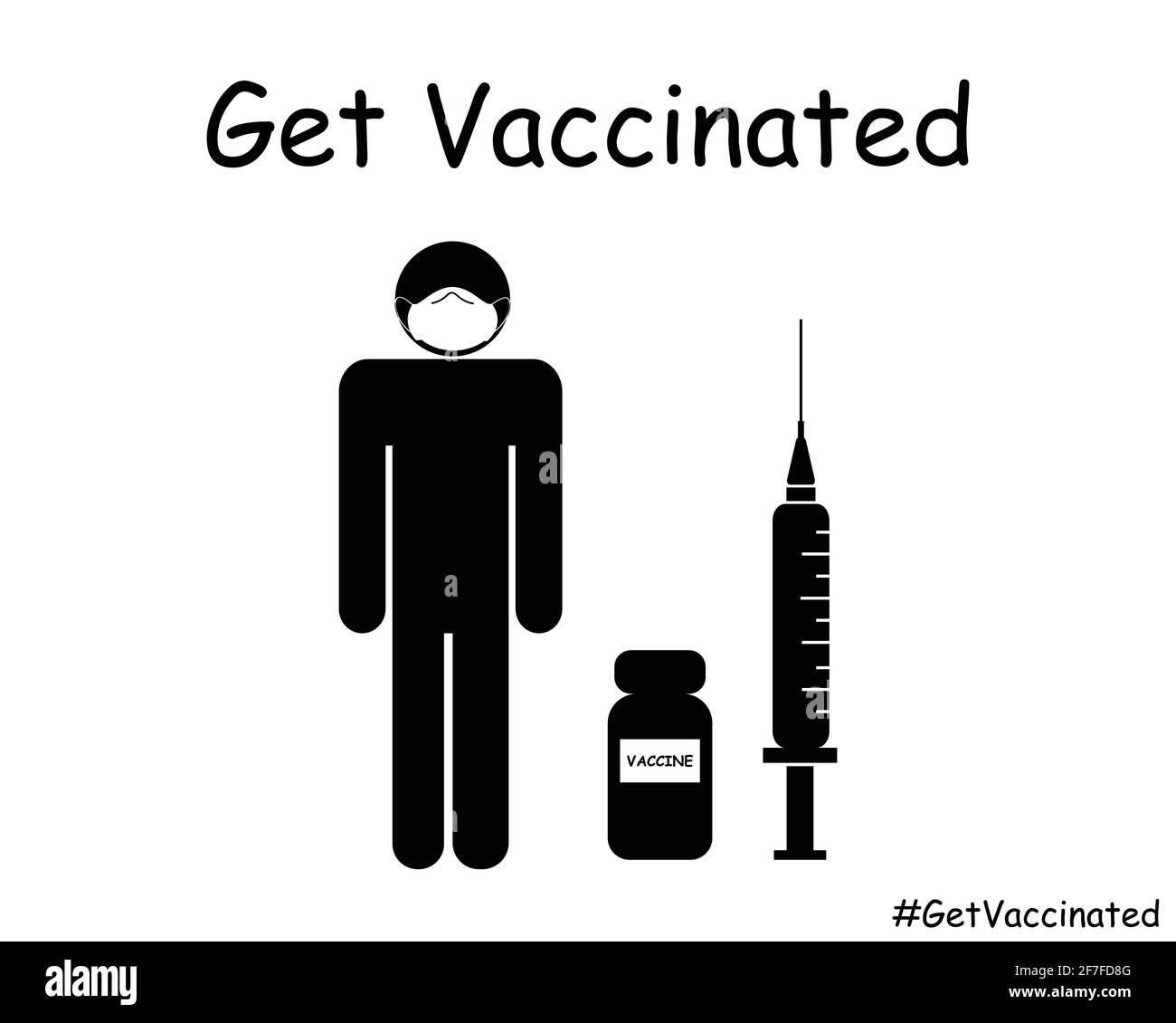 Get vaccinato Stick Man con maschera. Illustrazione vettoriale EPS in bianco e nero Illustrazione Vettoriale