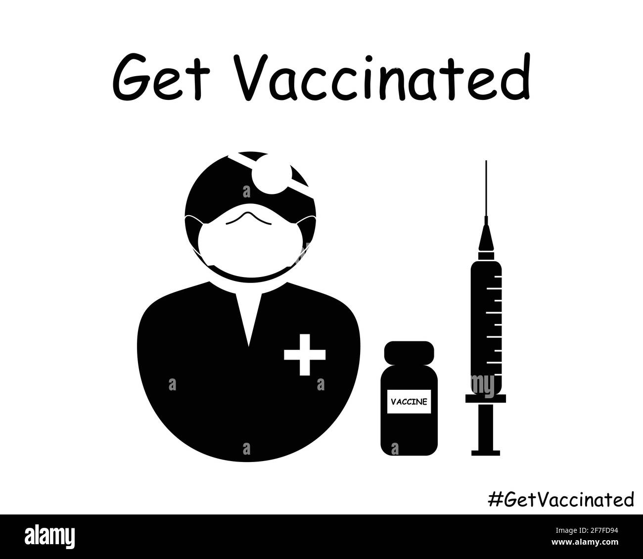 Icona Get vaccinated Doctor. Illustrazione EPS in bianco e nero. Illustrazione Vettoriale