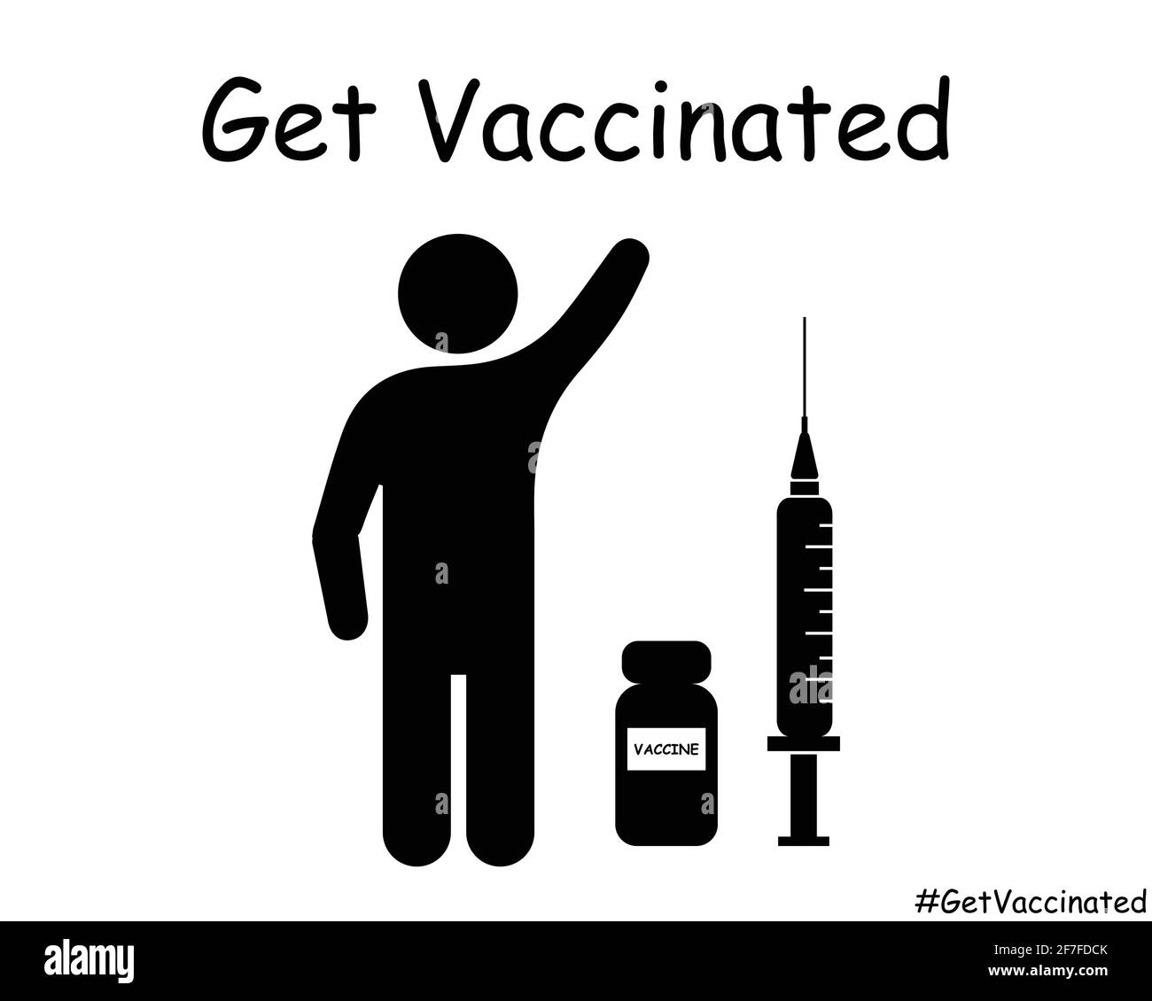 Ottenga l'uomo di figura di bastone vaccinato solleva la mano. Icona del vettore EPS in bianco e nero Illustrazione Vettoriale