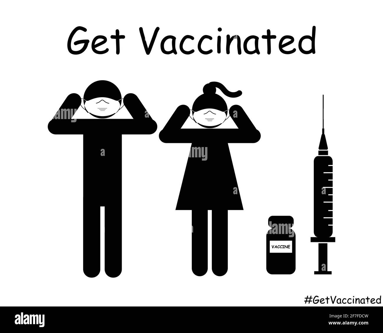 Get vaccinato Stick Figura uomo Donna Coppia indossare maschera. Immagine vettoriale EPS in bianco e nero Illustrazione Vettoriale