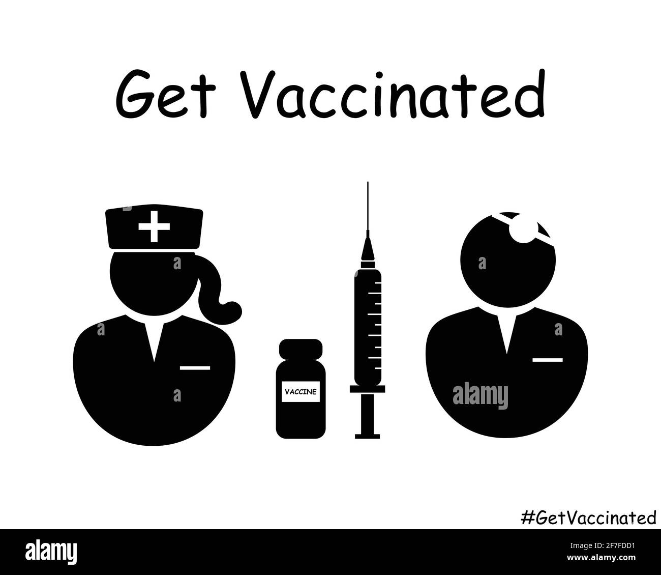 Get Invaccinated Doctor and Nurse icona. Illustrazione vettoriale EPS in bianco e nero. Illustrazione Vettoriale