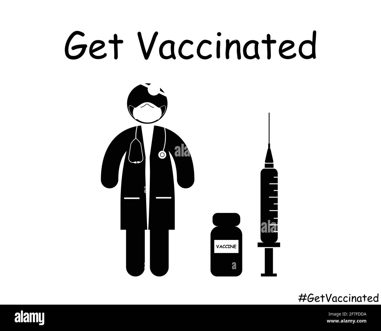 Ottenga il medico vaccinato Stick figura. Illustrazione vettoriale EPS in bianco e nero. Illustrazione Vettoriale