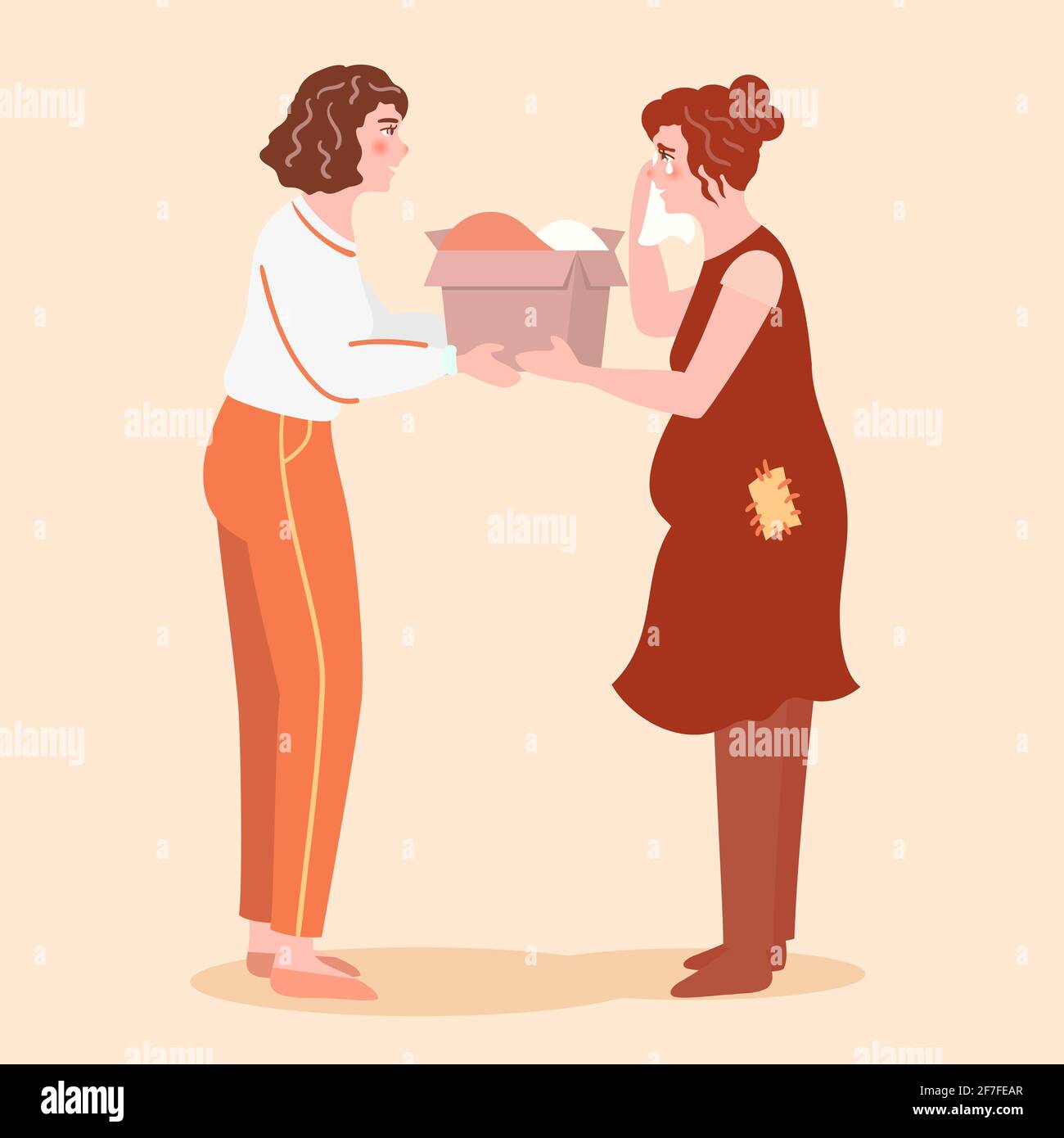 Volontario ragazza dare scatola con donazione a povera donna incinta indossante - isolato vettore illustrazione in caldo tavolozza, mano disegnata stile Illustrazione Vettoriale