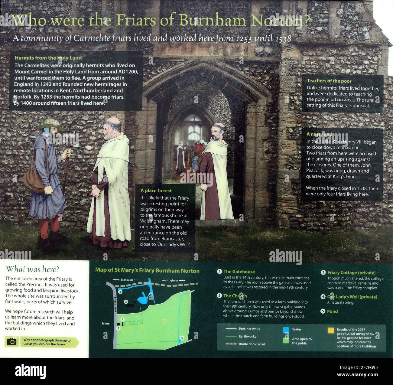 Burnham Norton Friary, pannello informativo, Carmelitani, Norfolk, Inghilterra, REGNO UNITO Foto Stock