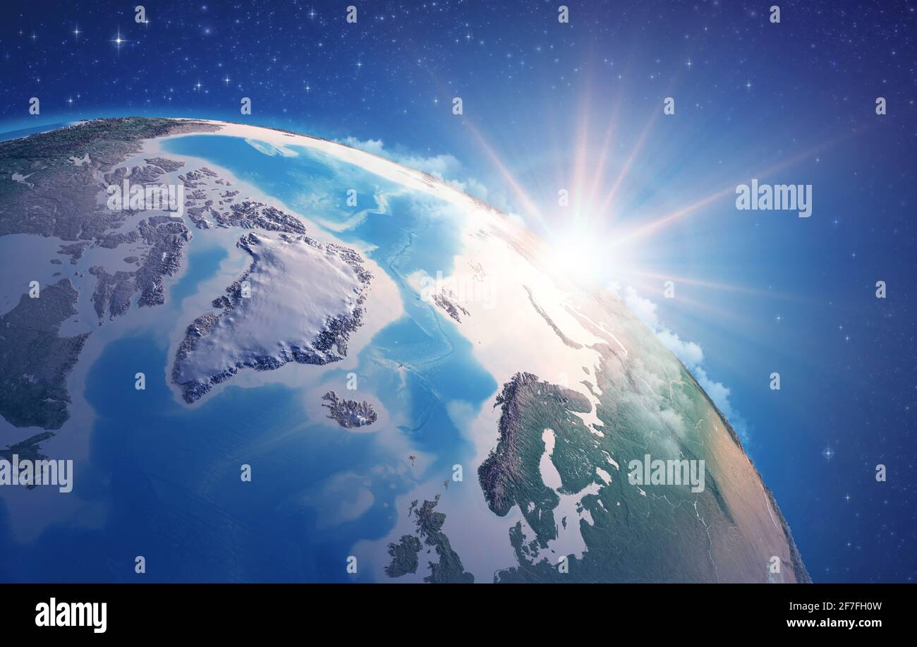 Sunrise attraverso le nuvole, su un'alta dettagliata vista satellitare del pianeta Terra, focalizzata sul Polo Nord e la Groenlandia. Elementi forniti dalla NASA Foto Stock