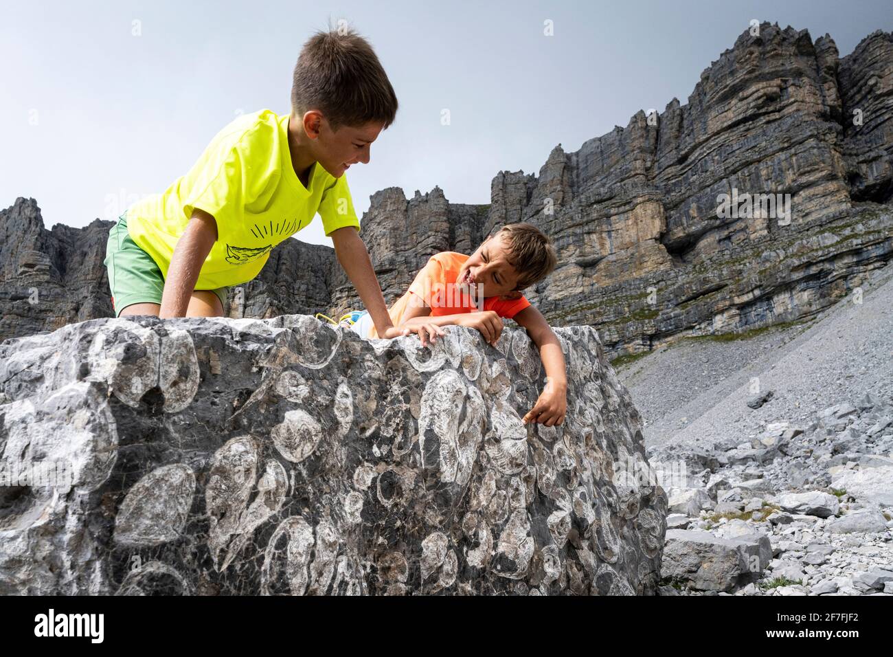 Sorridendo i ragazzini che guardano i fossili sulle rocce, Orti della Regina, Dolomiti di Brenta, Madonna di Campiglio, Trentino, Italia, Europa Foto Stock