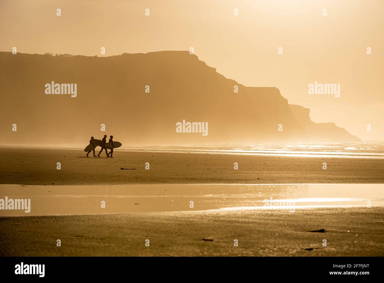 Persone che trasportano tavole da surf che camminano lungo la spiaggia alla luce del sole serale, Rhossili, Penisola di Gower, Swansea, Galles, Regno Unito, Europa Foto Stock