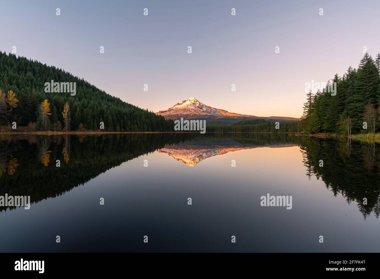 Mountt Hood riflesso in Trillium Lake al tramonto, Government Camp, contea di Clackamas, Oregon, Stati Uniti d'America, Nord America Foto Stock