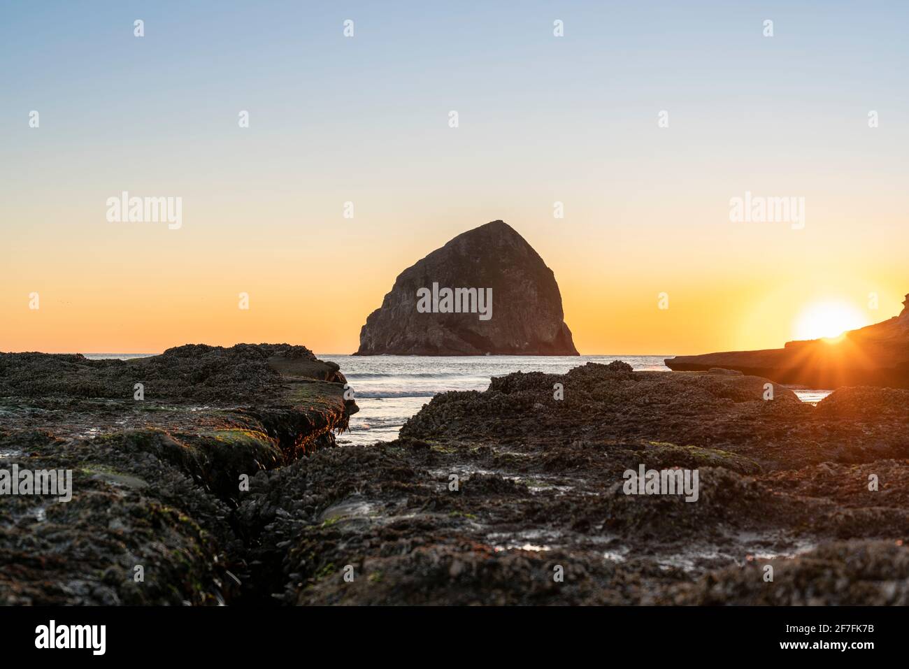 Haystack Rock a Cape Kiwanda al tramonto, Pacific City, contea di Tillamook, Oregon, Stati Uniti d'America, Nord America Foto Stock