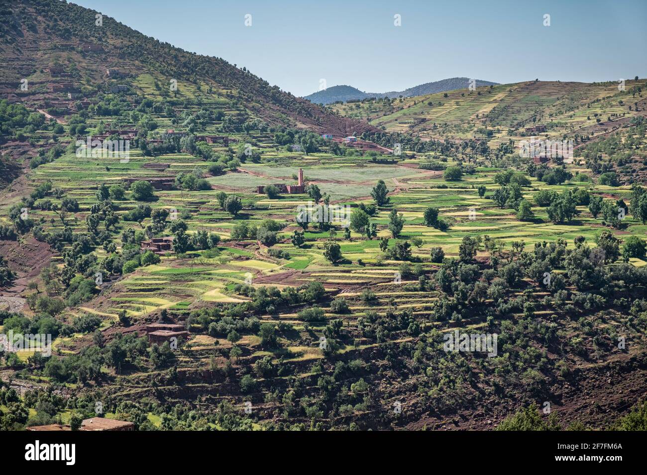 Paesaggio di aziende agricole nella regione montana dell'Atlante, Marocco, Africa del Nord, Africa Foto Stock