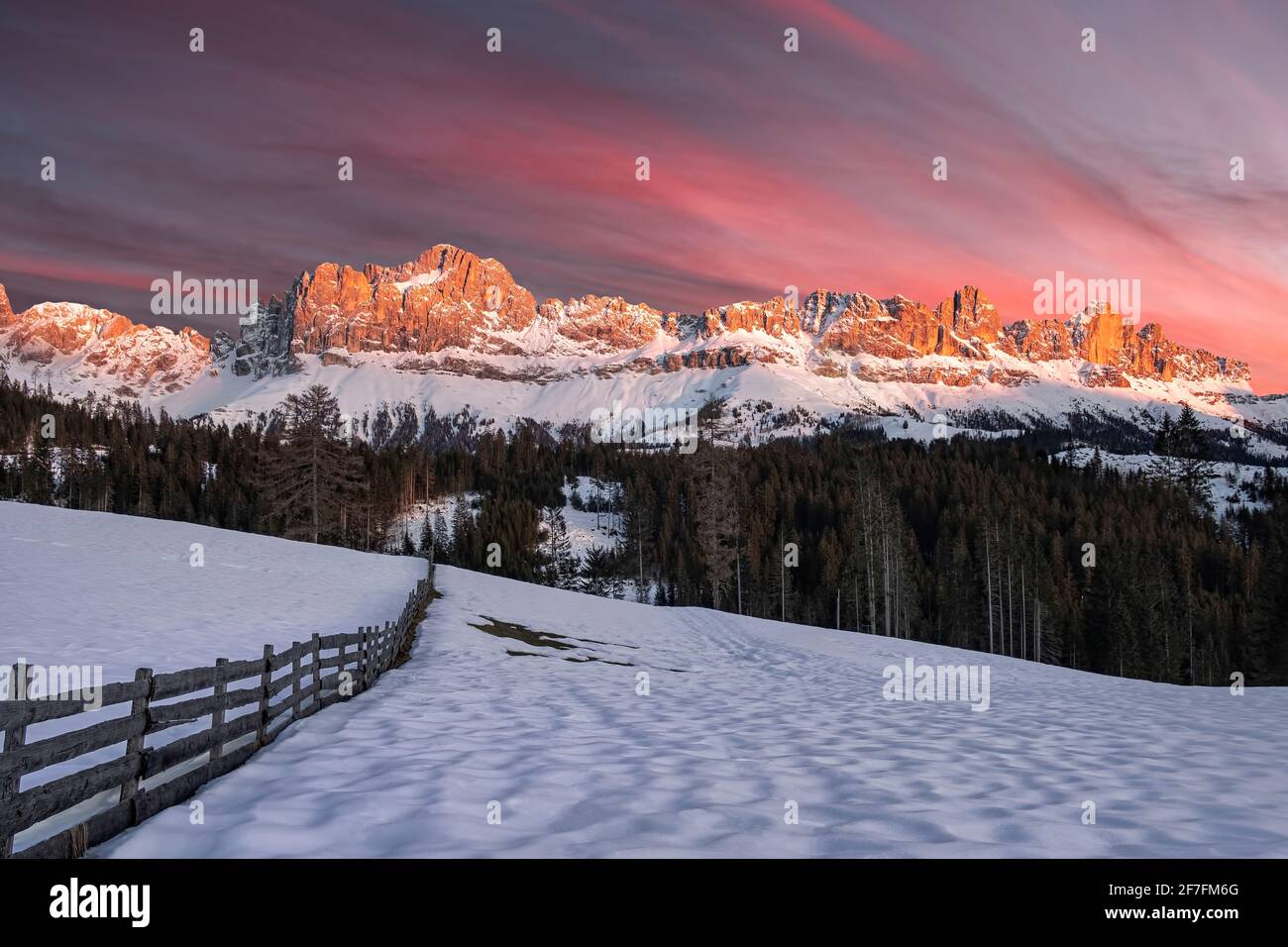Tramonto rosa invernale chiamato enrosadira sul monte Catinaccio con neve e recinzione in legno, Carezza, Bolzano, Italia, Europa Foto Stock