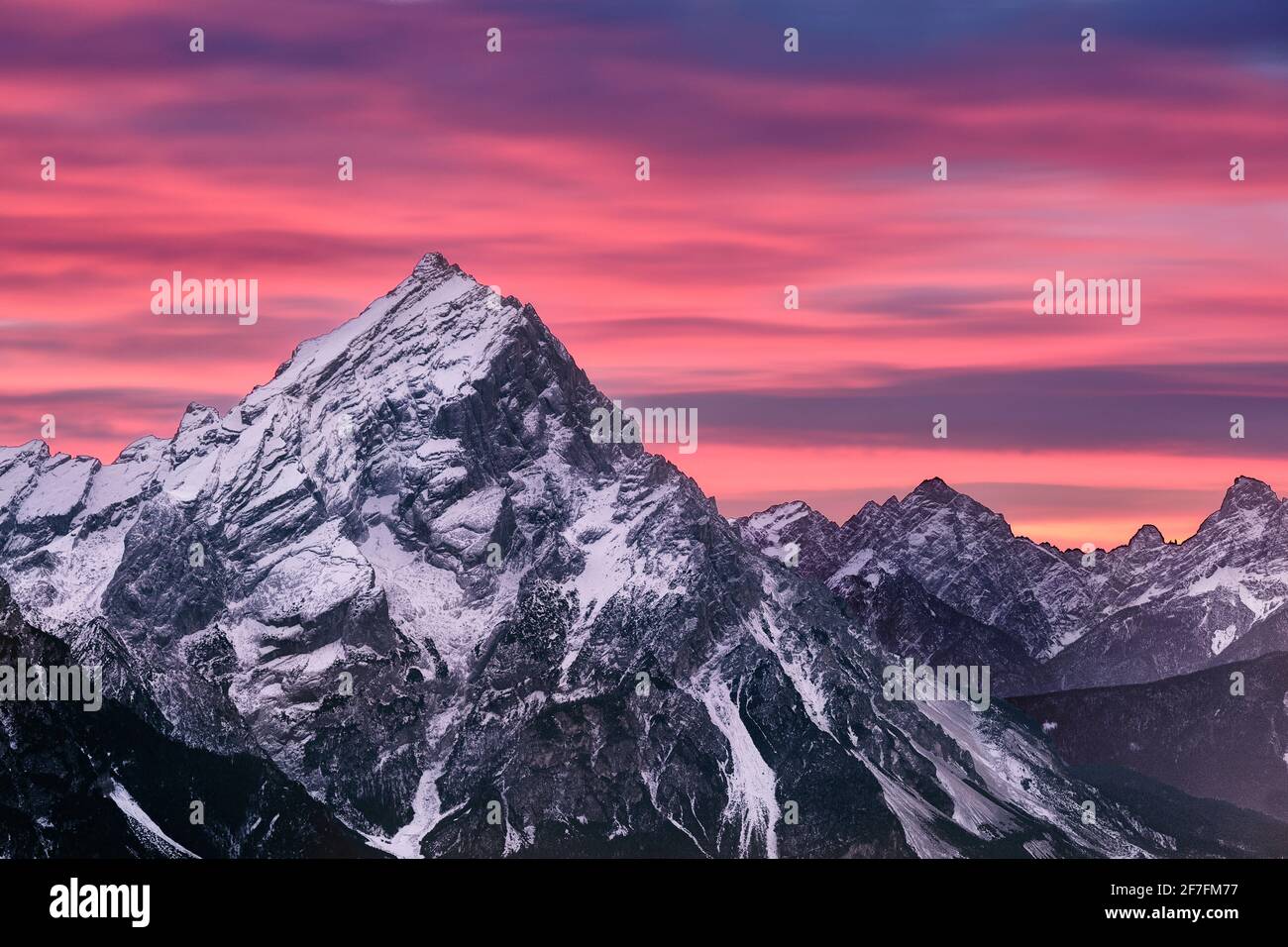 Tramonto rosa sul monte Antelao in inverno con neve, Dolomiti, Trentino-Alto Adige, Italia, Europa Foto Stock
