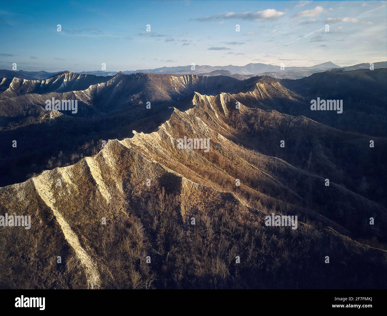 Vista aerea su badlands, Emilia Romagna, Italia, Europa Foto Stock