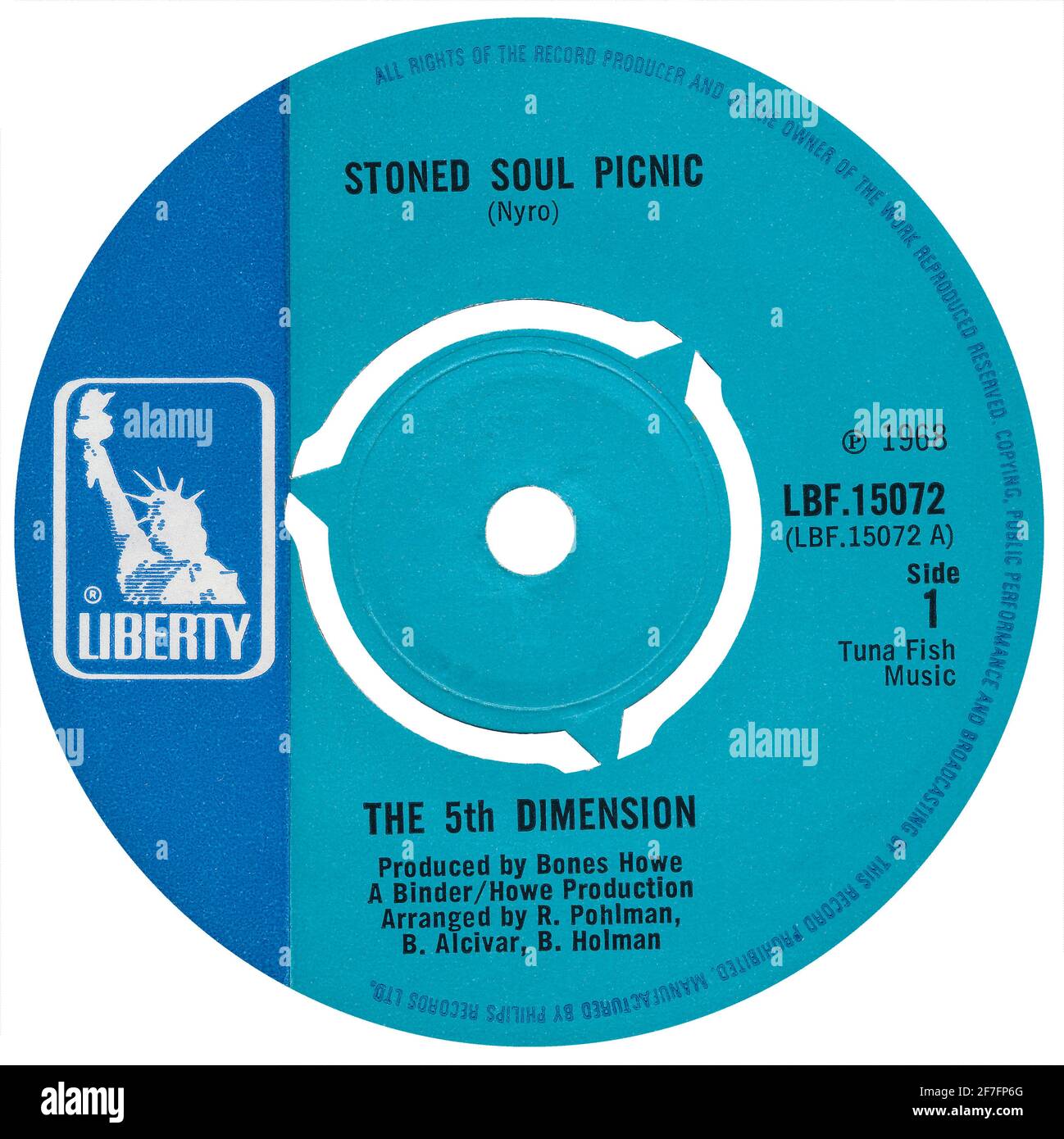 45 RPM 7' etichetta discografica britannica di Stoned Soul picnic della 5th Dimension sull'etichetta Liberty del 1968. Scritto da Laura Nyro e prodotto da Bones Howe. Foto Stock