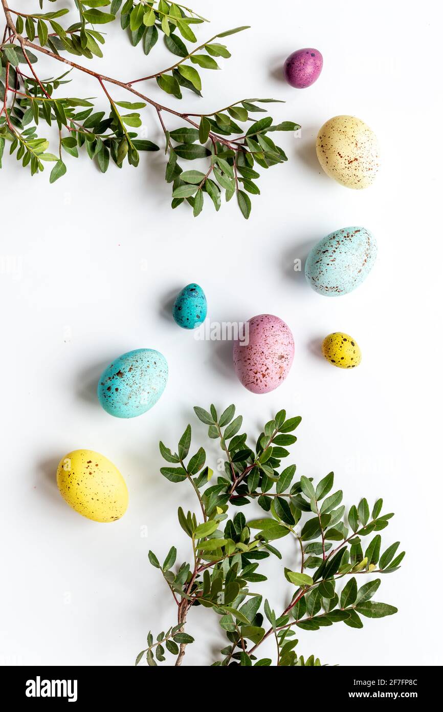 Decorazioni di stagione con albero di Pasqua e uova colorate Foto stock -  Alamy