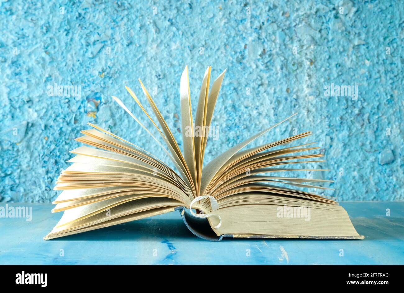 apri il libro su sfondo blu. Lettura,letteratura,educazione,biblioteca,home Office, concetto di ritorno a scuola,focus selettivo, buon spazio di copia Foto Stock