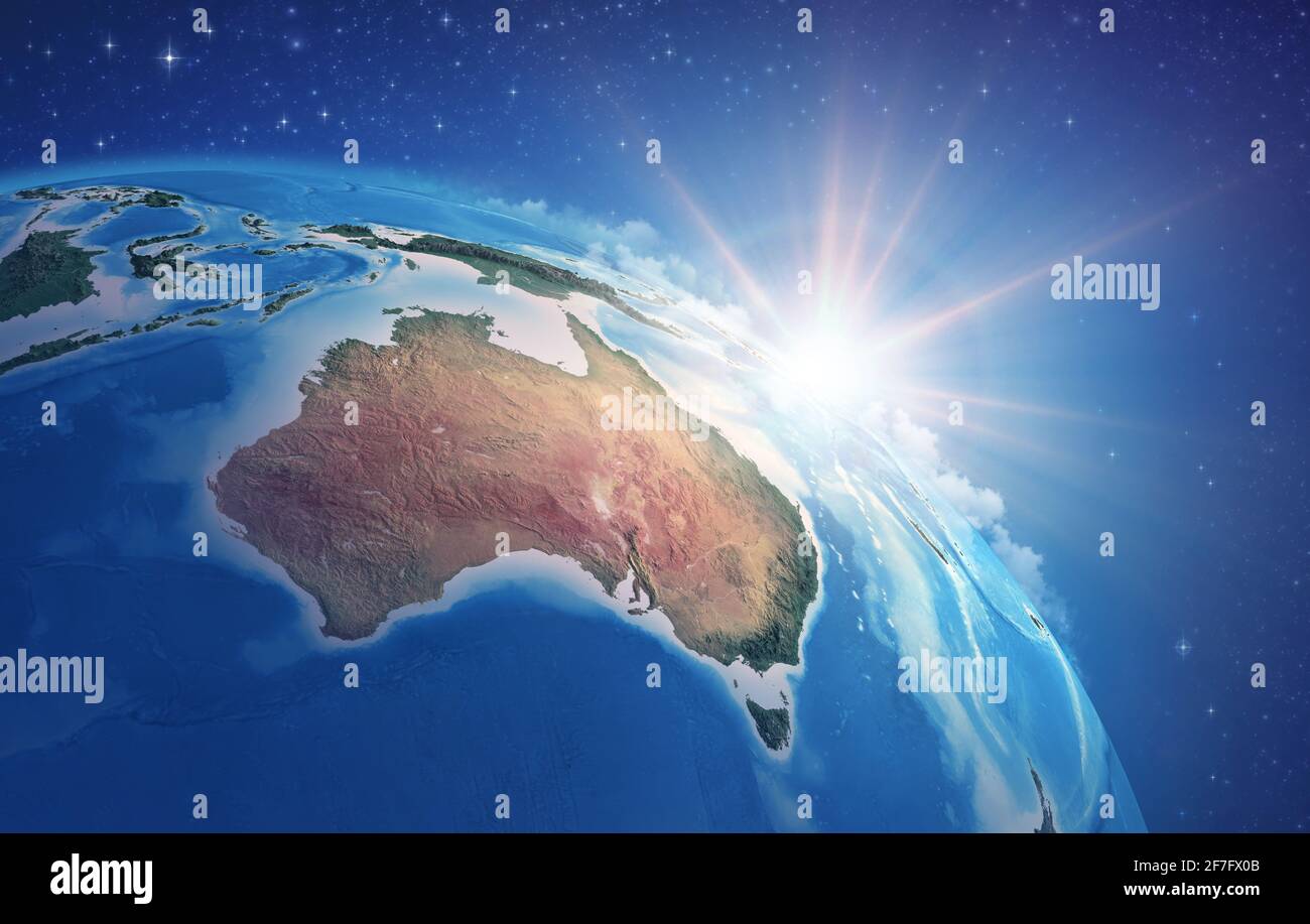 Alba attraverso le nuvole, su una vista satellitare ad alta dettaglio del pianeta Terra, focalizzata sull'Australia - elementi forniti dalla NASA Foto Stock