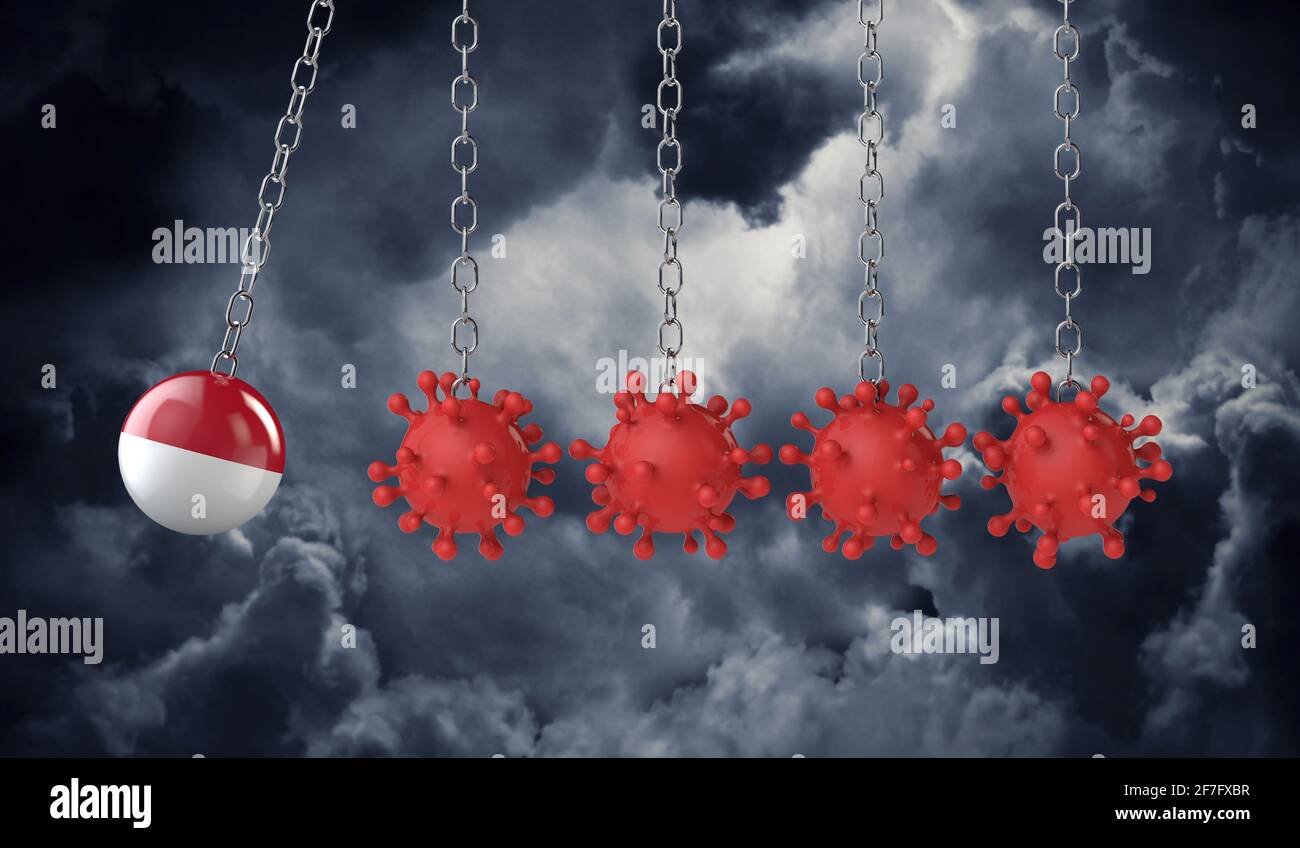 La bandiera indonesiana colpisce una linea di molecole di coronavirus. Rendering 3D Foto Stock La bandiera indonesiana colpisce una linea di molecole di coronavirus. Rendering 3D Foto Stock
