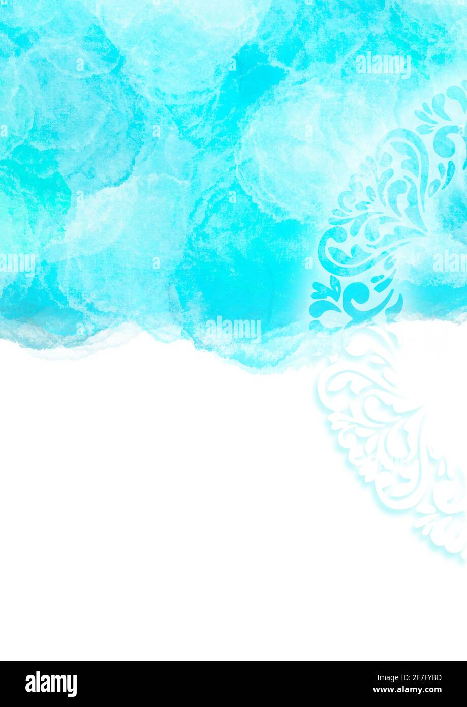 Modello di sfondo A4 layout design blu chiaro turchese nuvole acquerello ornamento bianco nobile semplice bello retro naturale biglietto d'auguri poster Foto Stock