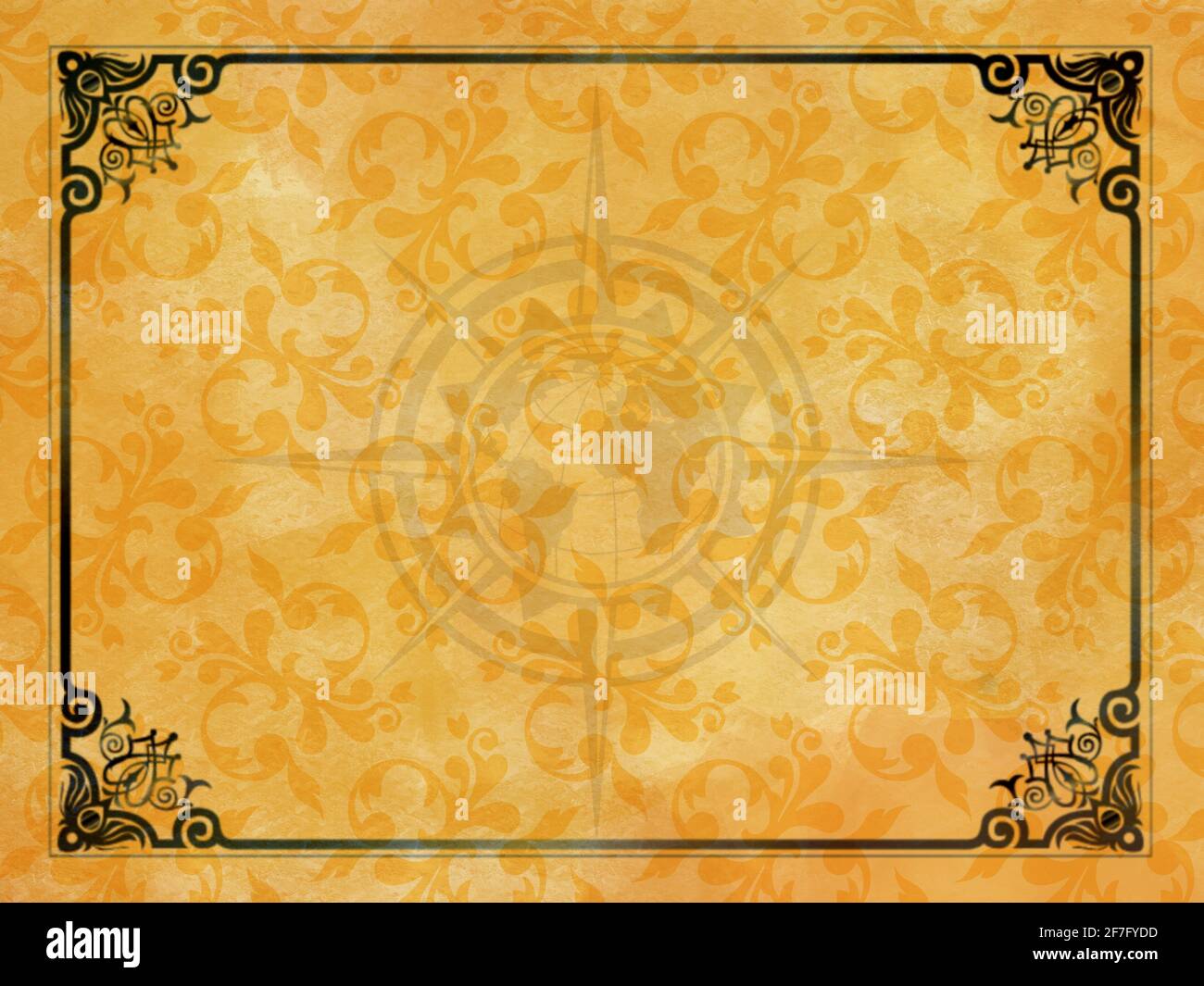 Art Nouveau Victorian ornamento floreale sfondo giallo oro cornice nero parete tessile antico vecchio modello di carta disegno modello regalo senza tempo Foto Stock