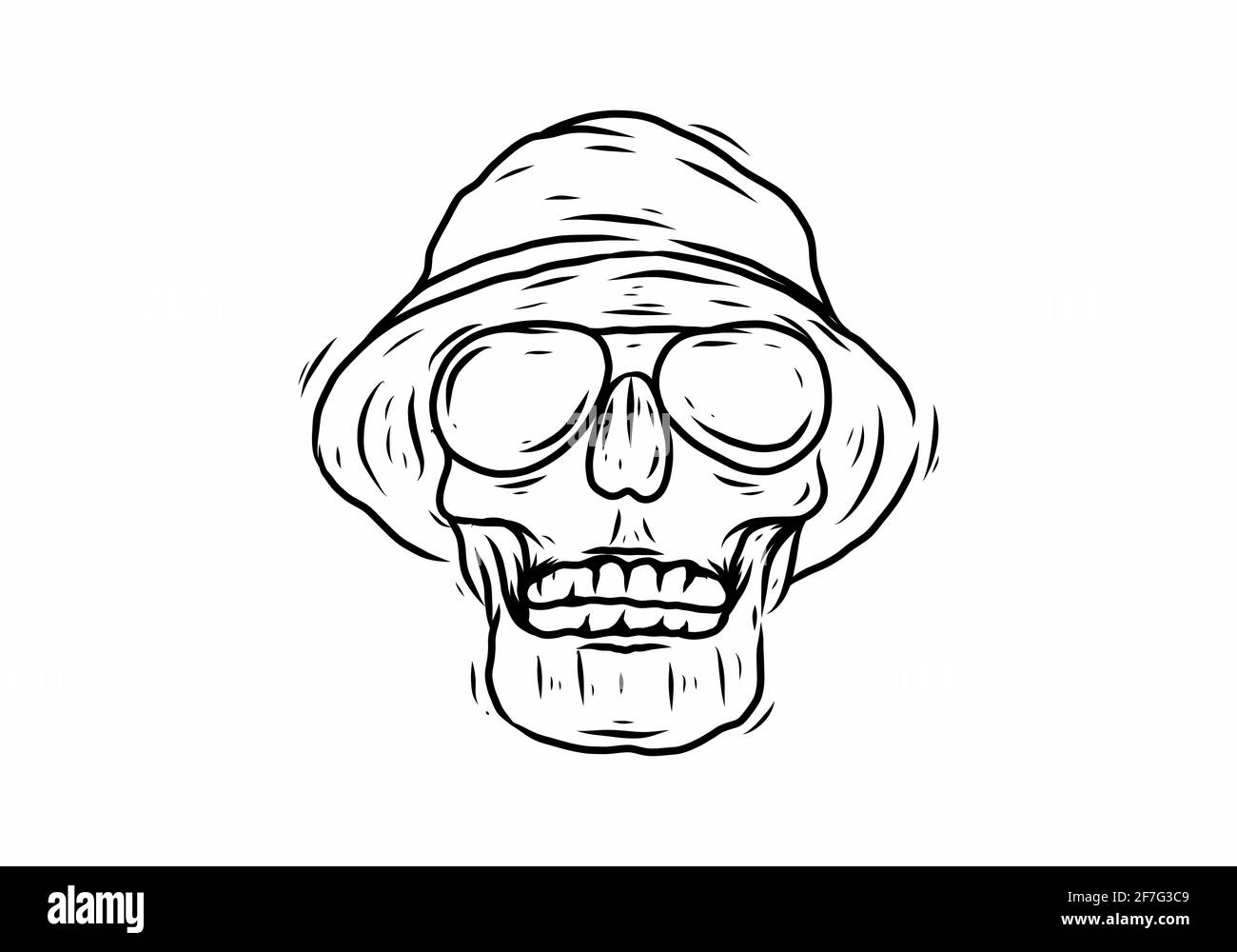 Disegno artistico di linea della testa del cranio con design del cappello funky Illustrazione Vettoriale