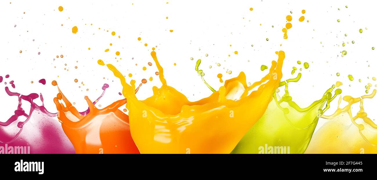 raccolta di succhi di frutta spruzzi colorati isolati su sfondo bianco Foto Stock