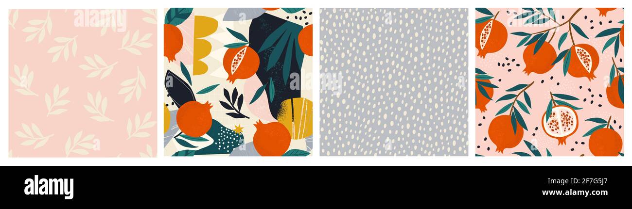 Collage Garnett contemporaneo, melograno floreale e pois pois pois con motivo senza cuciture. Design esotico moderno per carta, copertina, tessuto, interni dec Illustrazione Vettoriale