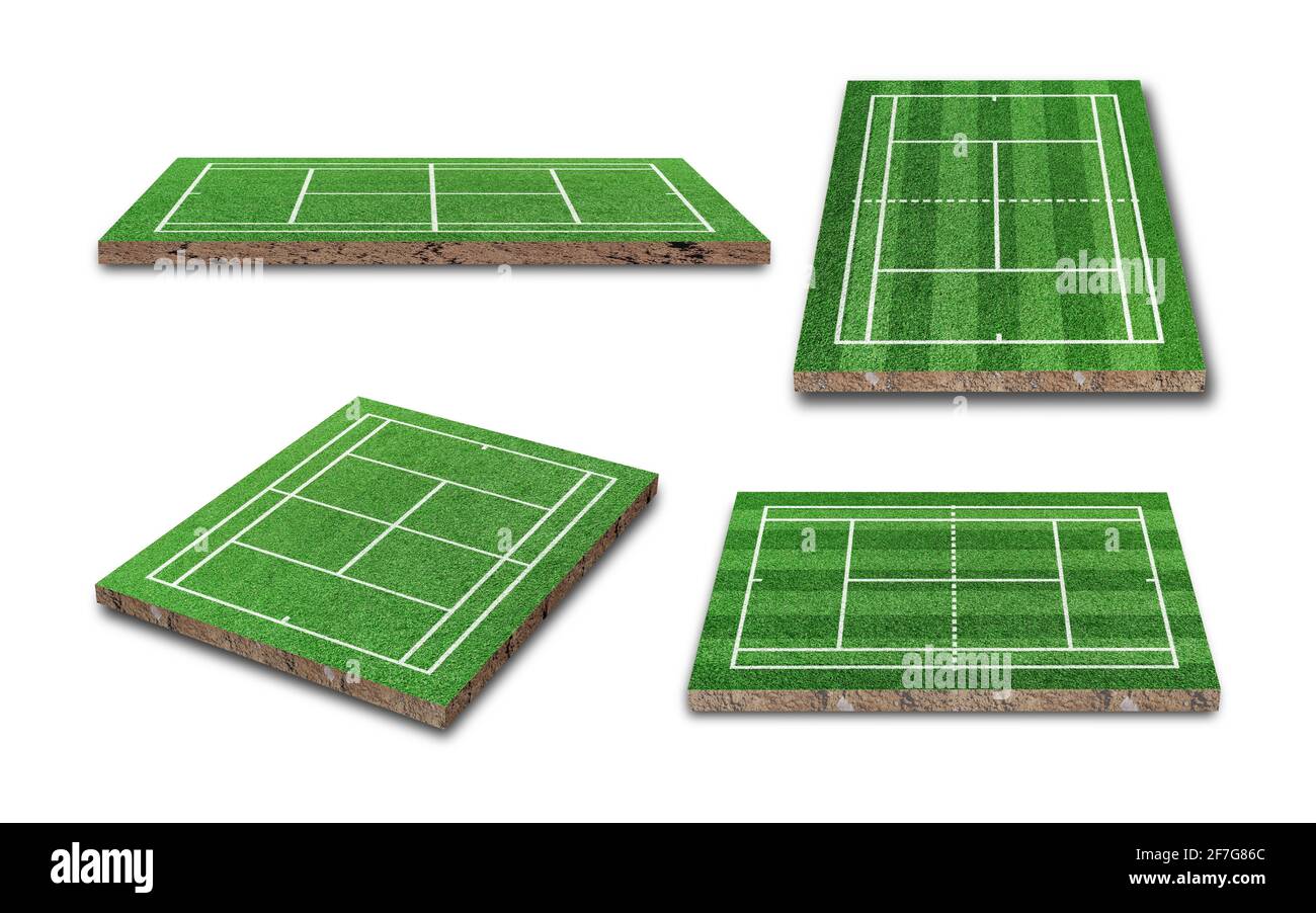 Collezione di campi da tennis isolati su sfondo bianco. Punto di vista diverso. Rendering 3D Foto Stock