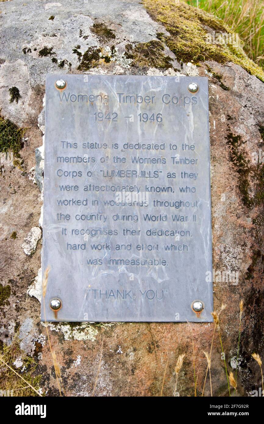 Lapide sulla statua chiamata Salute al corpo di legno delle donne (Lumber Juns) dalla seconda guerra mondiale da Malcolm Robertson al Queen Elizabeth Forest Park, Aberfoyle Foto Stock