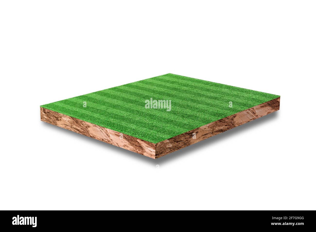 Terreno sezione trasversale cubica con campo di calcio erba verde isolato su sfondo bianco. Rendering 3D. Foto Stock