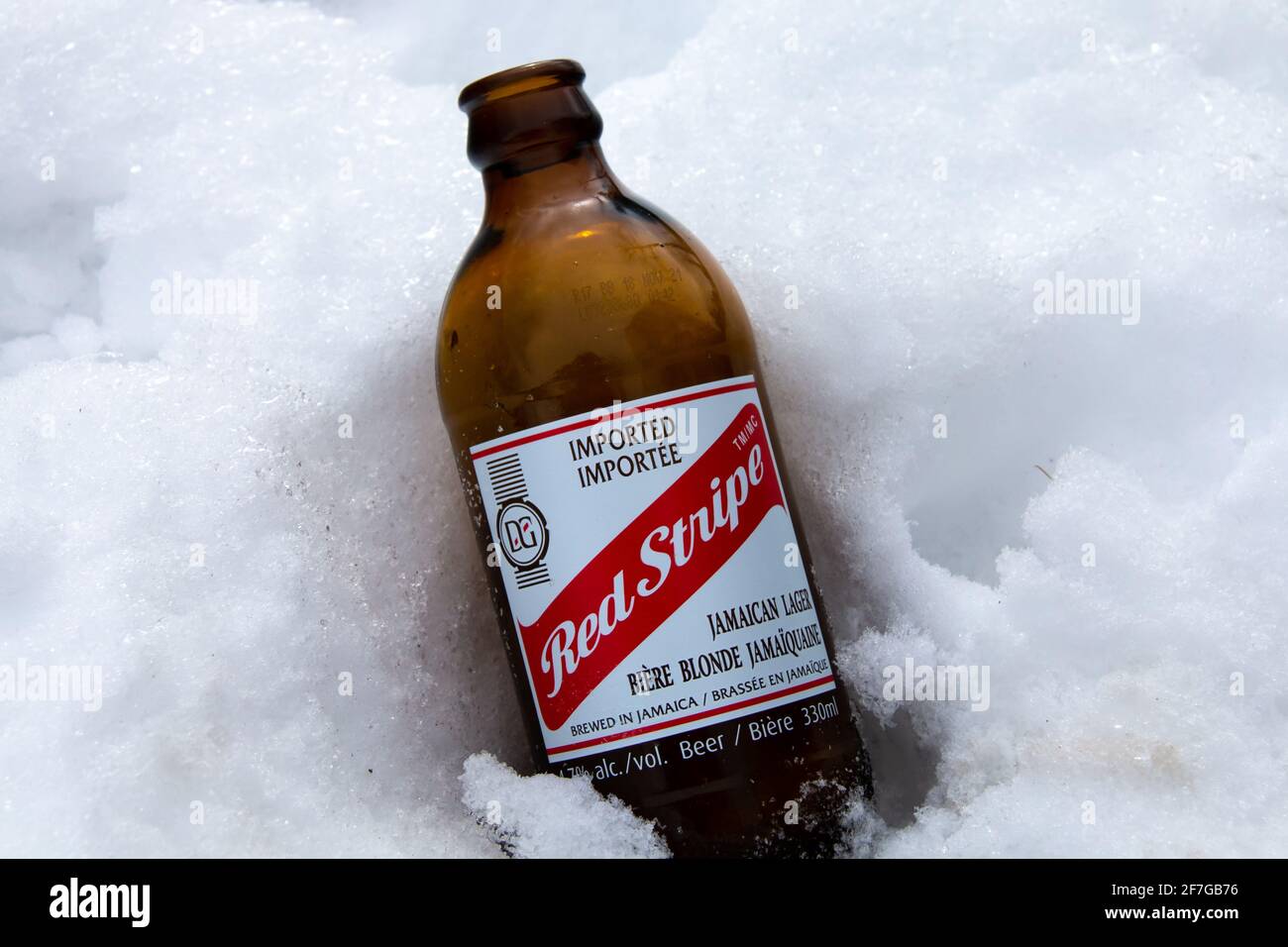 Londra, Ontario, Canada - 6 febbraio 2021: Una bottiglia aperta di lager a strisce rosse in una banca di neve nel centro di Londra, Ontario, mantenendo fresco. Foto Stock