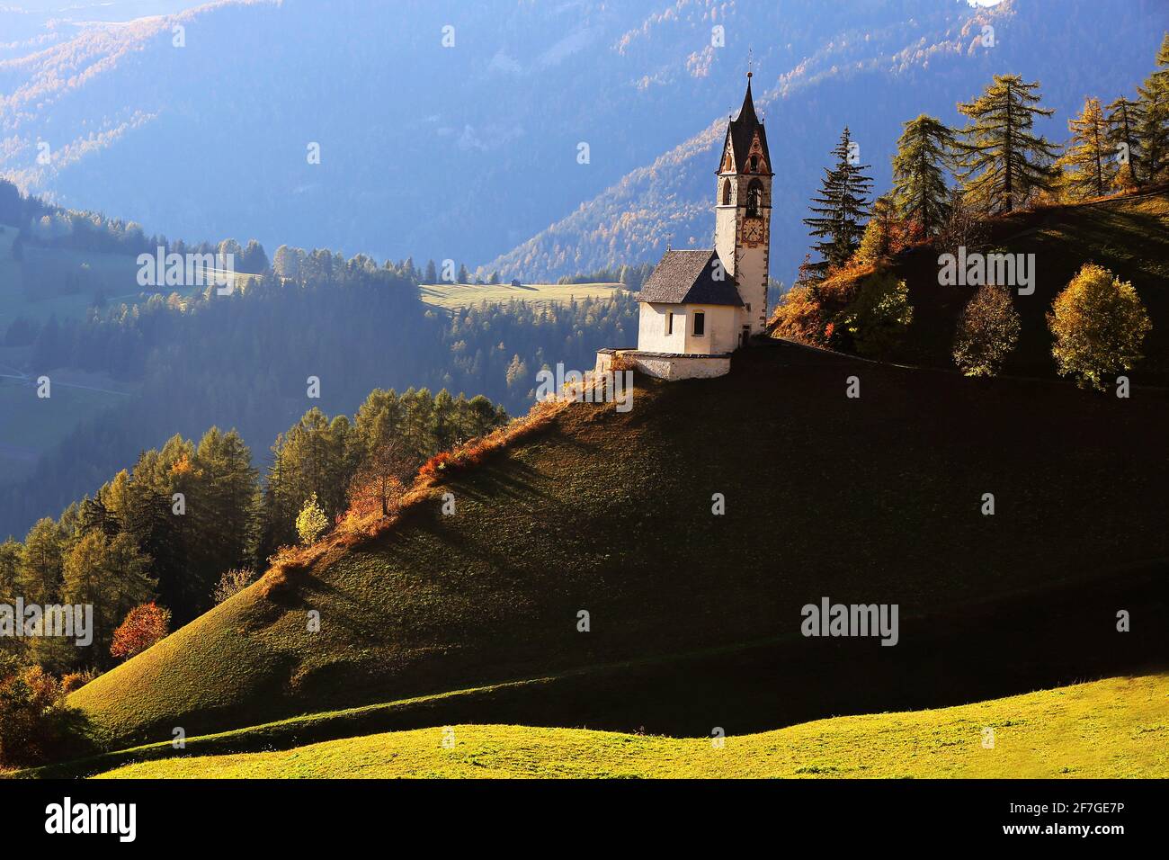 Herbstliche Bäume auf dem Weg zur Kirche Santa Barbara in Südtirol in den Dolomiten Foto Stock