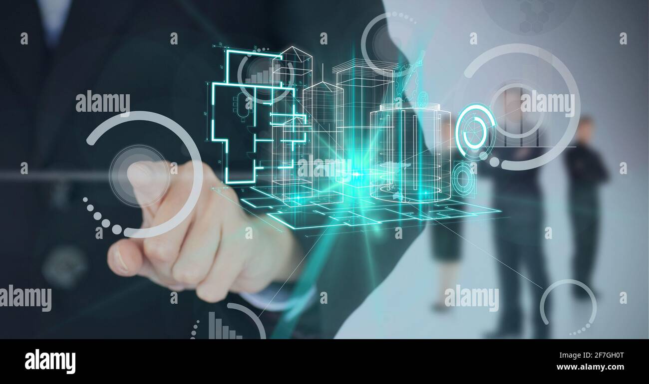 Composizione dell'uomo caucasico utilizzando un dispositivo tecnologico con dati e statistiche Foto Stock