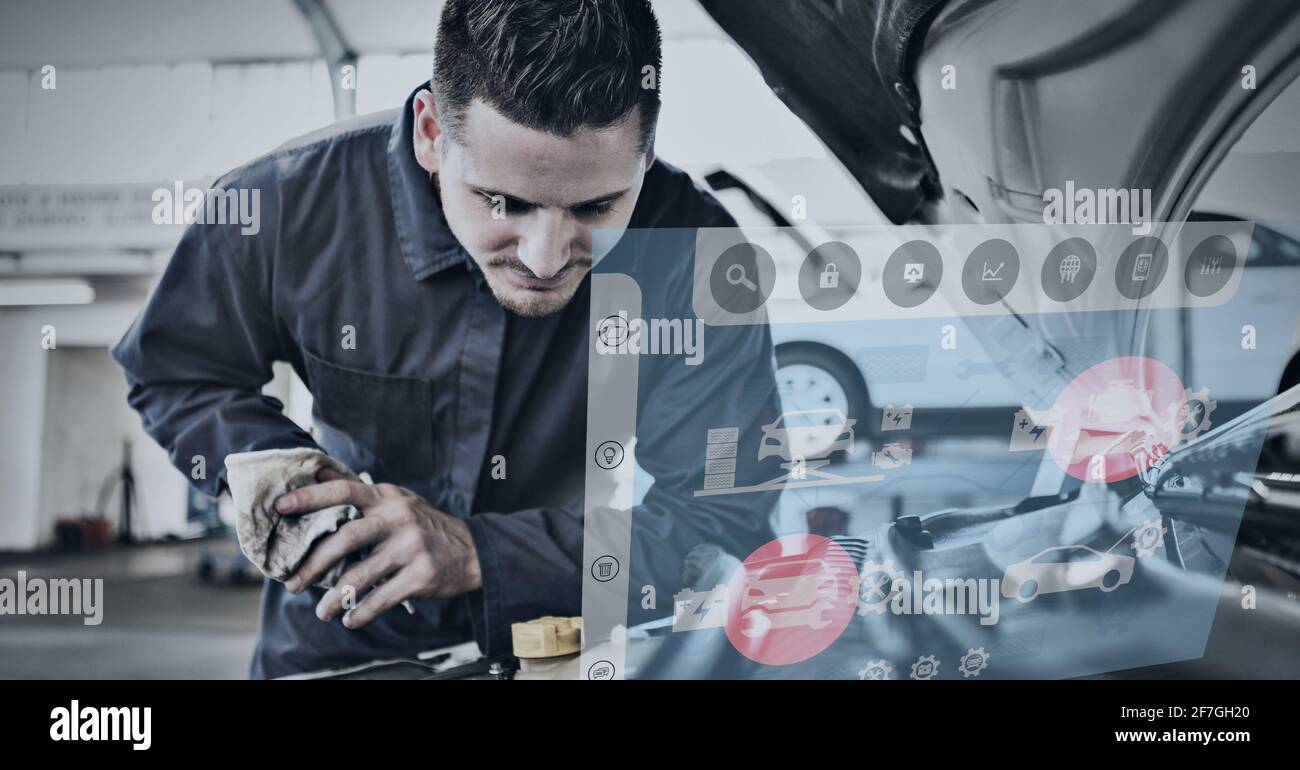 Composizione del trattamento dei dati sull'uomo caucasico che guarda l'automobile motore in background Foto Stock
