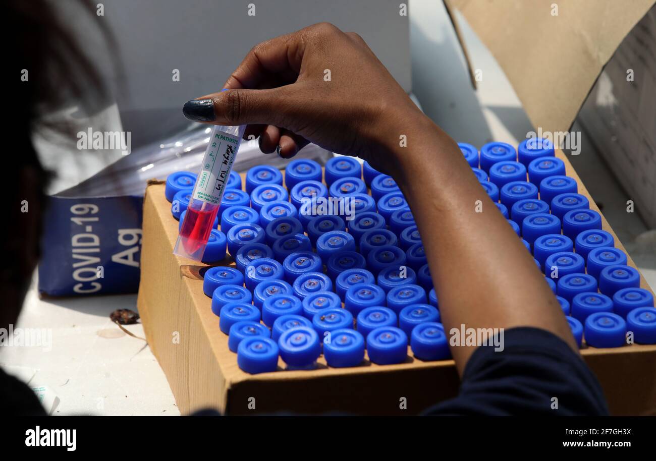 Un operatore sanitario può tenere una provetta con i campioni durante il prelievo dei campioni di tampone per il test di reazione a catena della polimerasi a trascrizione inversa (RT-PCR) Covid-19 in tempo reale sul lato della strada a Nuova Delhi. Foto Stock