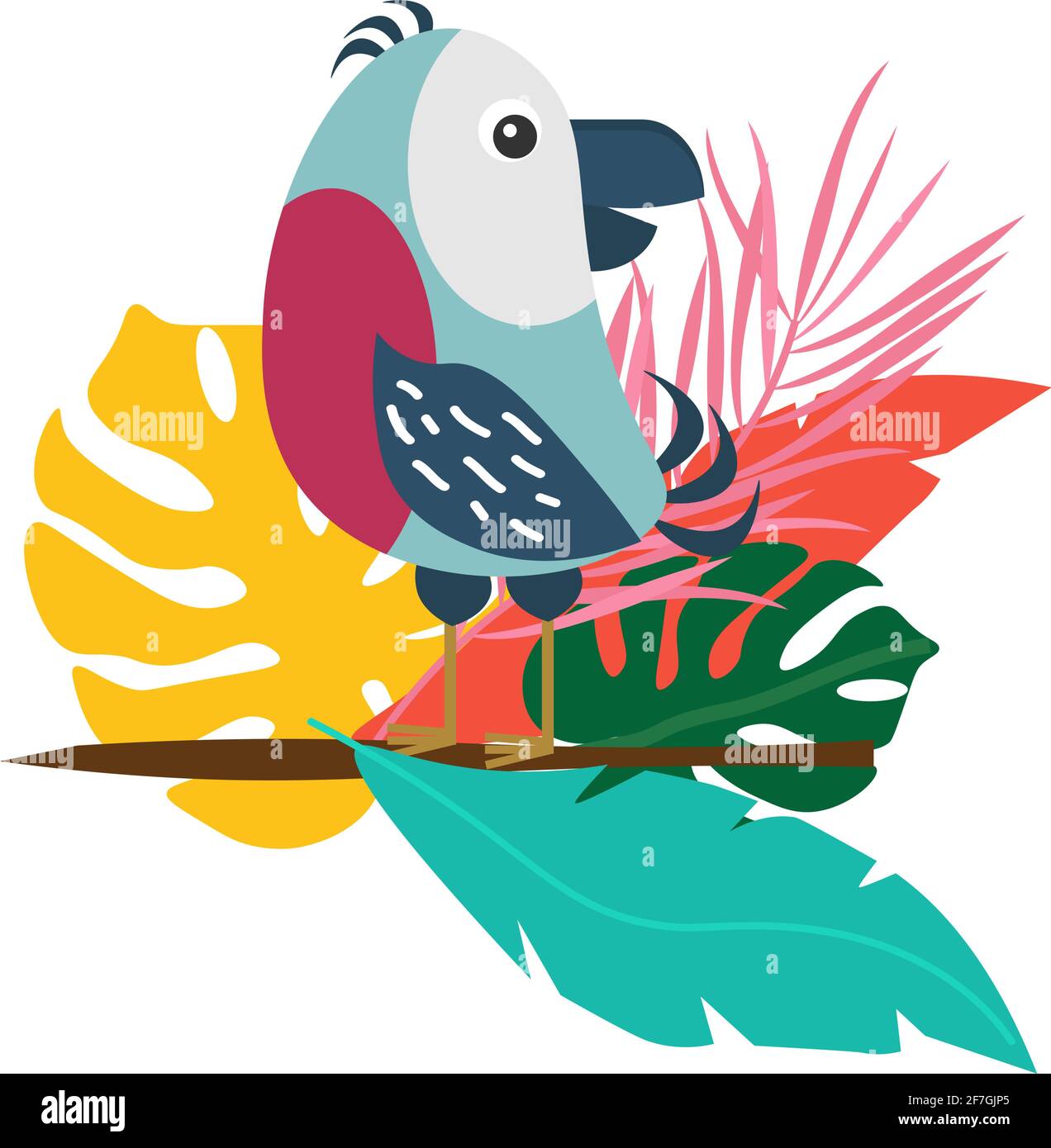 Un uccello tropicale siede su un ramo con le foglie. Illustrazione Vettoriale