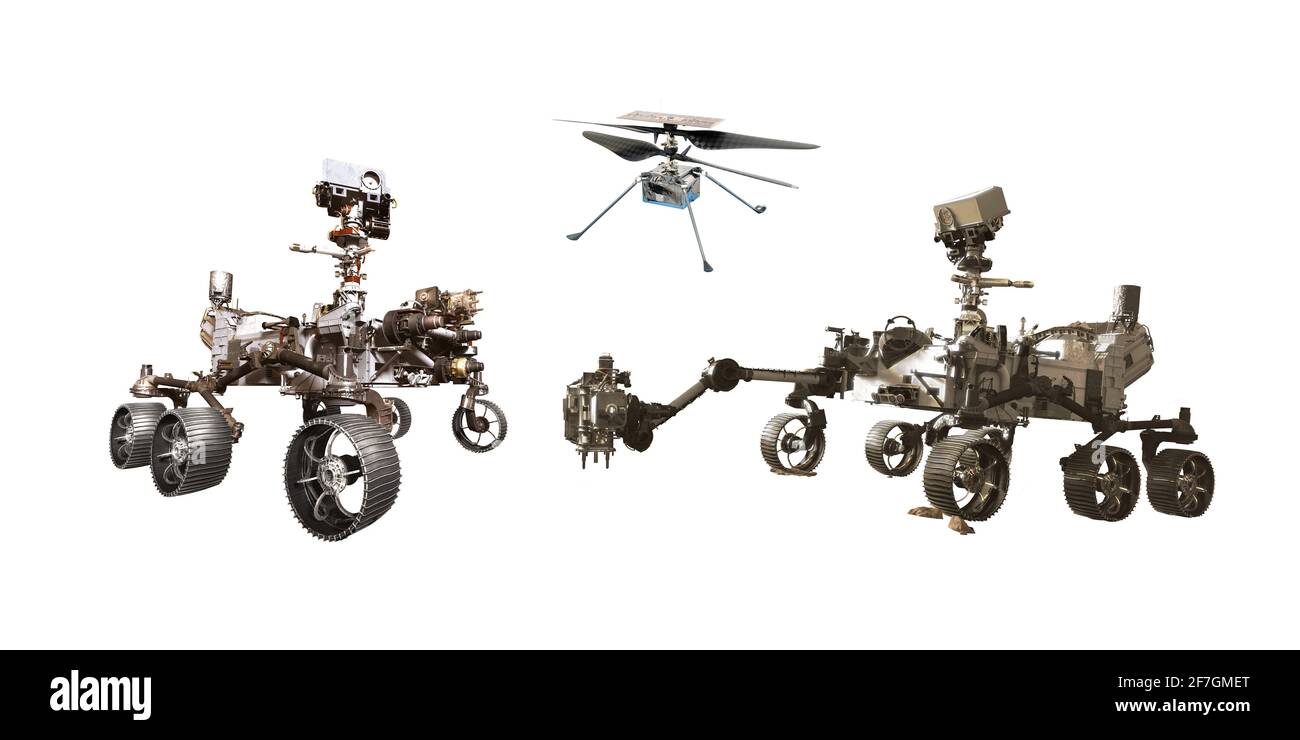 i rover marziani e l'elicottero ingegnoso su sfondo bianco, elementi di questo Immagine fornita dall'illustrazione 3D della NASA Foto Stock