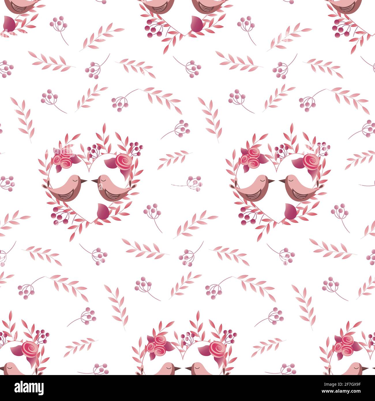 Modello con uccelli rosa. Una corona di foglie, fiori e bacche. Illustrazione Vettoriale