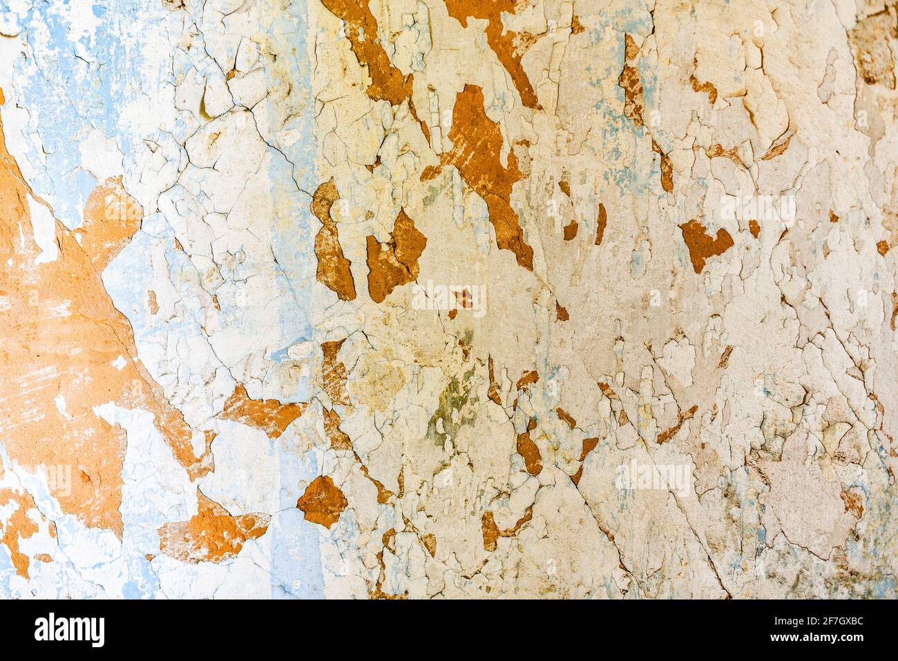 Frammento di parete con graffi e crepe. Vecchio muro bianco shabby Foto Stock