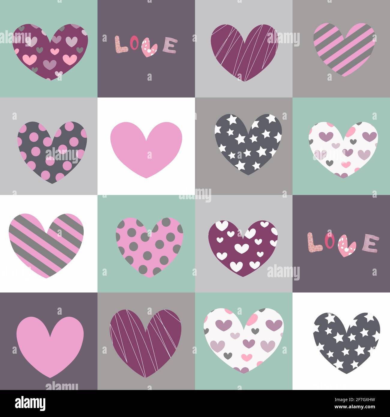 Motivo patchwork con cuori multicolore. Illustrazione Vettoriale