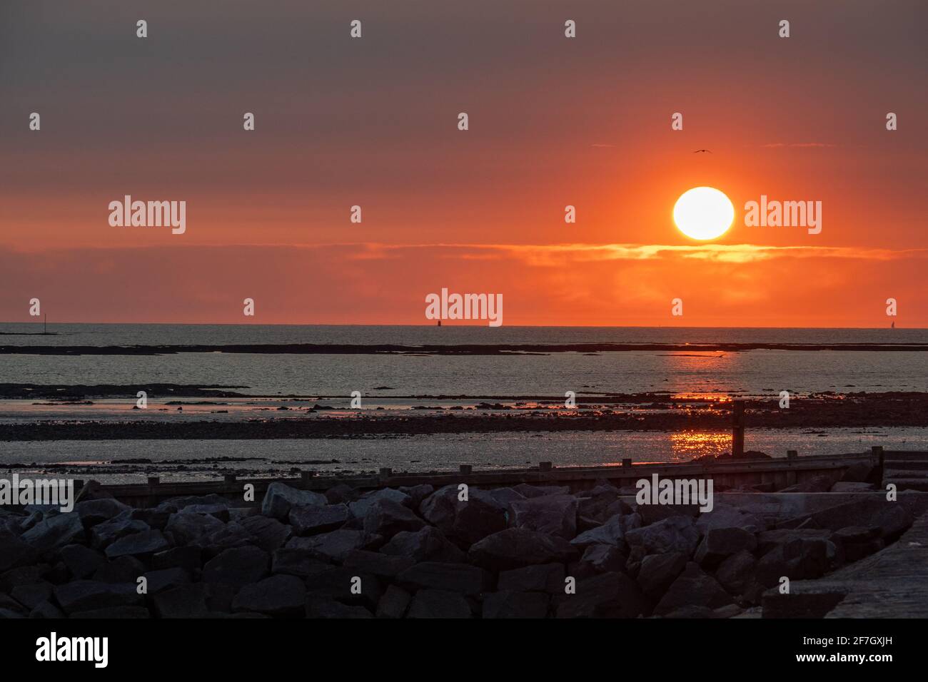 Tramonto sulla costa atlantica in Bretagna, Francia, durante la bassa marea Foto Stock