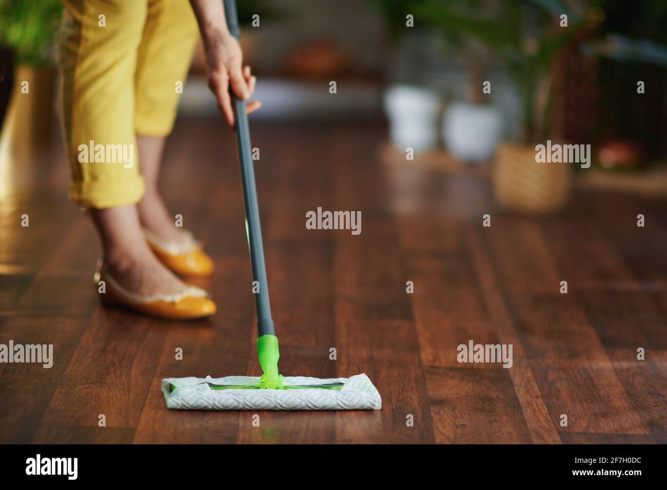 Primo piano sulla donna di mezza età con la mop che fa le pulizie nel soggiorno in giornata di sole. Foto Stock