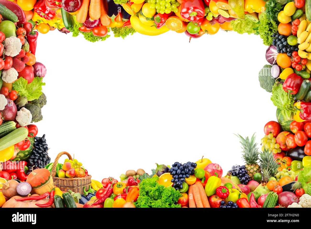 Cornice di frutta e verdura isolata su sfondo bianco. Foto Stock