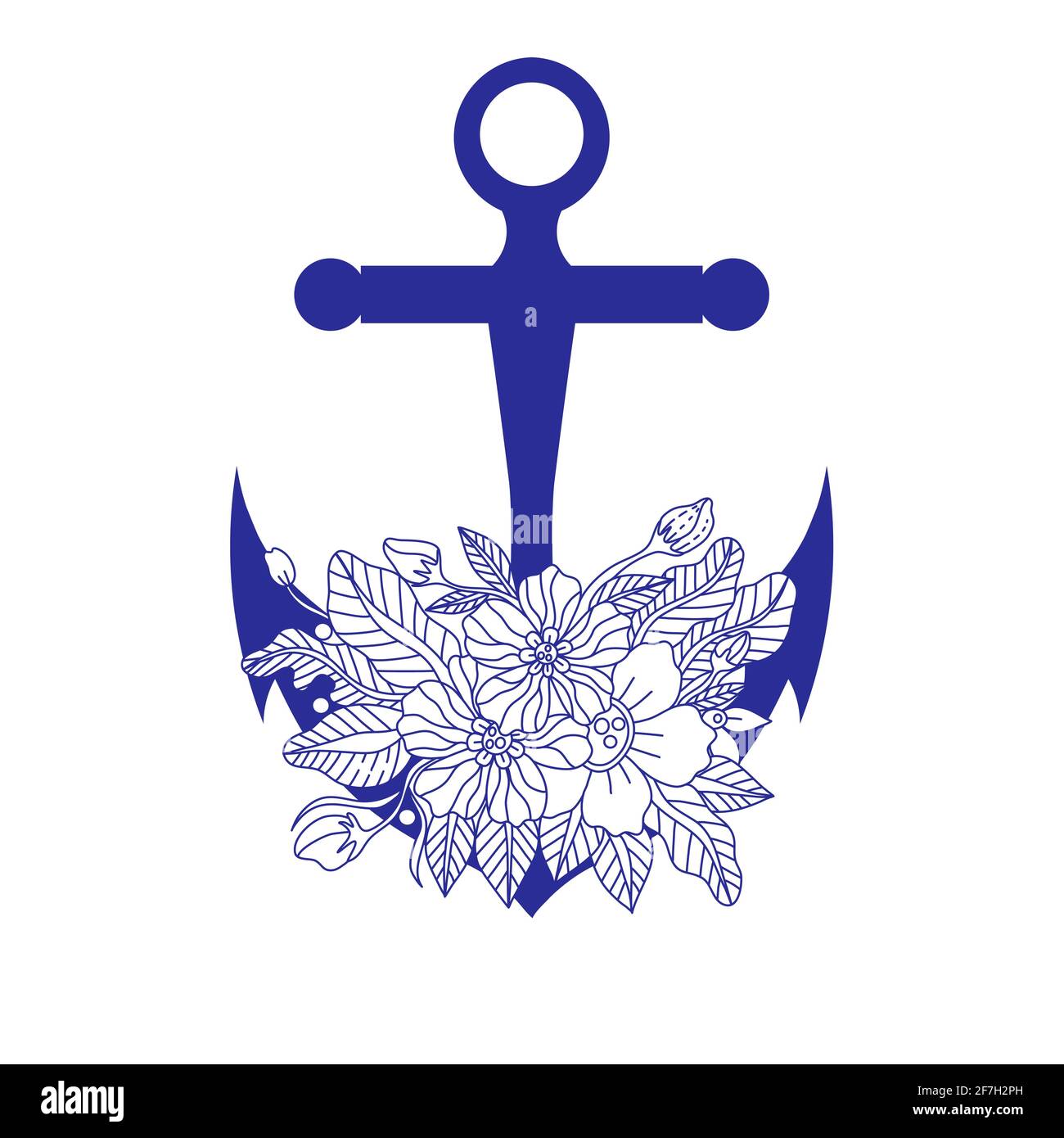 Ancora blu con fiori bohémien doodle, isolato su sfondo bianco, concetto marino. Illustrazione vettoriale disegnata a mano in stile vintage. Illustrazione Vettoriale