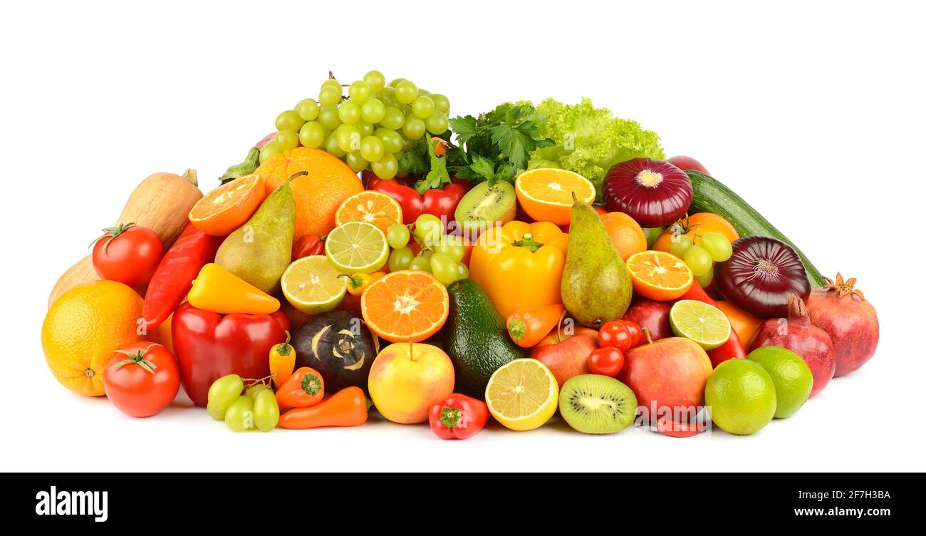 Raccolta di frutta e verdura multicolore, isolate su sfondo bianco. Foto Stock