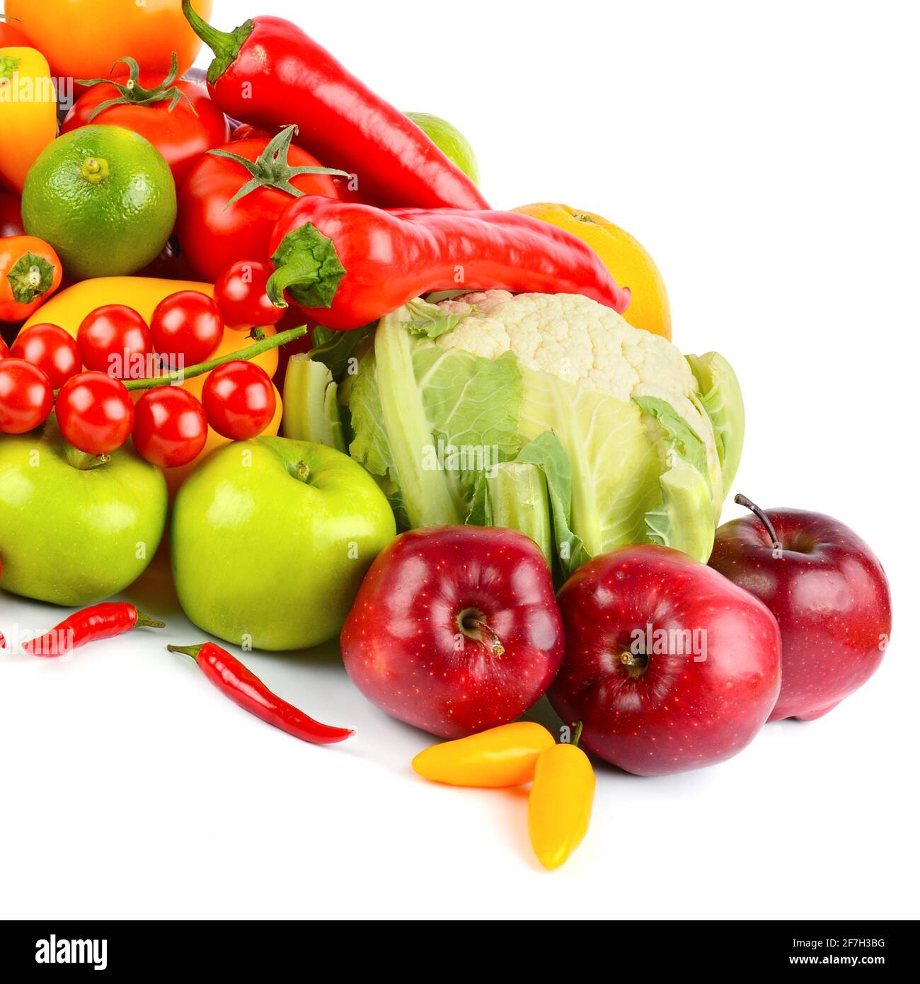 Set di verdure fresche e frutta isolato su sfondo bianco. Foto Stock
