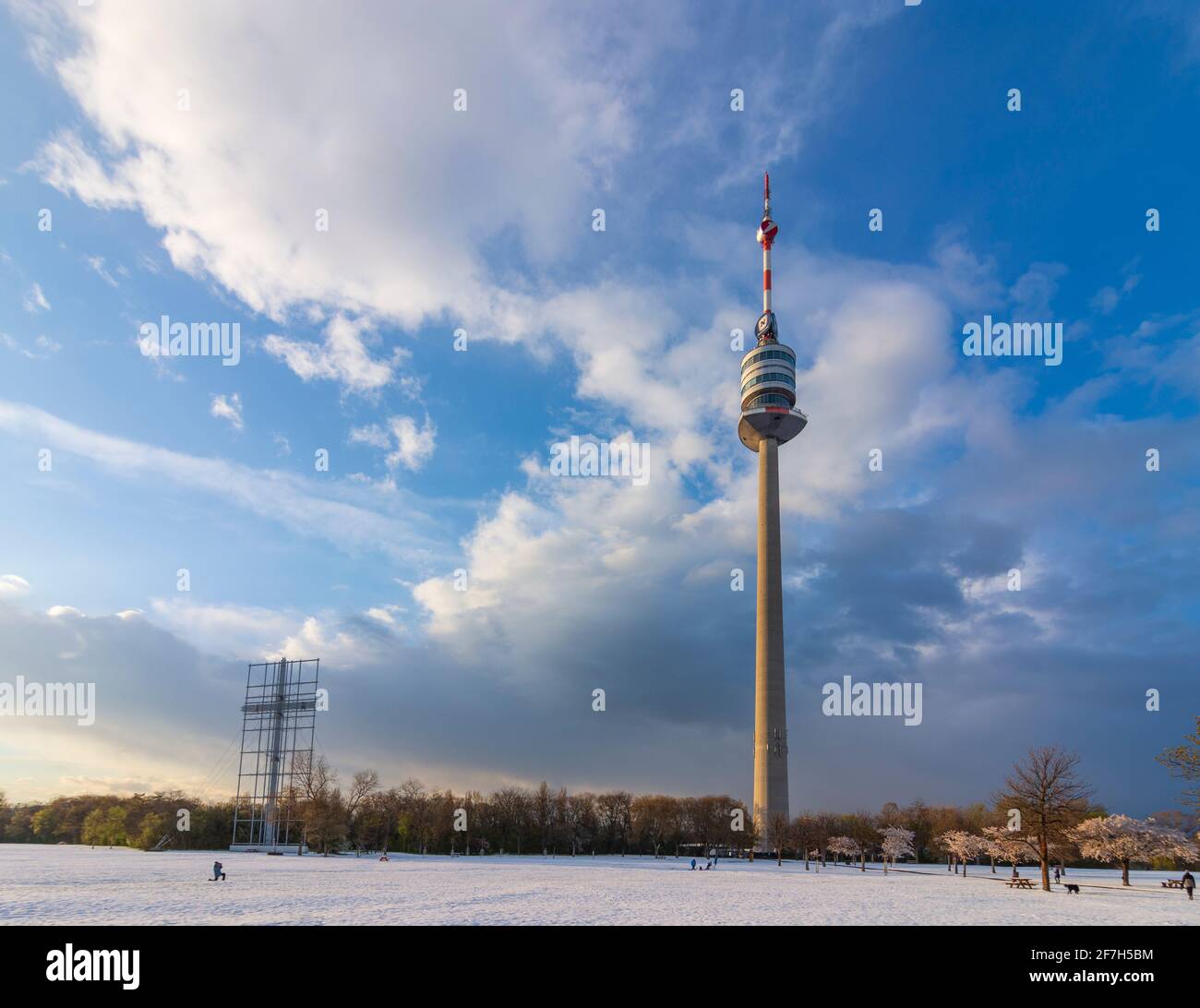 Vienna, Vienna: Fioritura dei ciliegi e neve al parco Donaupark, Donauturm (Torre del Danubio) nel 22. Donaustadt, Vienna, Austria Foto Stock