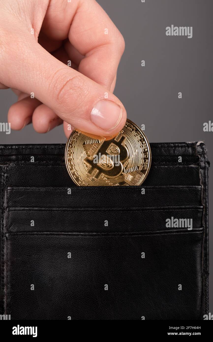 hand mette una moneta di bitcoin nel portafoglio, criptovaluta, risparmio, valuta virtuale per i pagamenti online internazionali Foto Stock